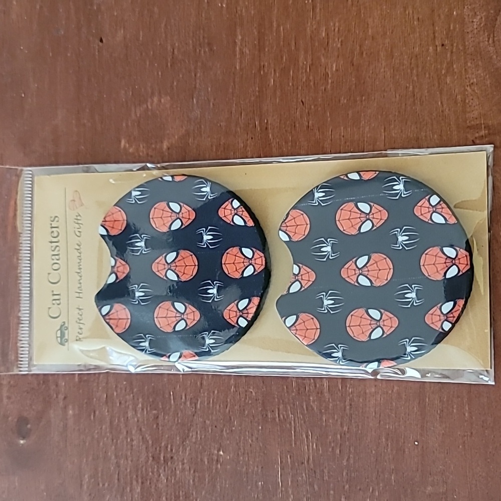 Spider Head Black and Red Handmade Reuseable Set of 2 Car Cup Holder Coasters